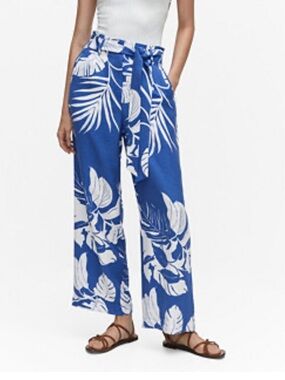 Mango MNG Women's Blue & White Tropical Print pants Size L